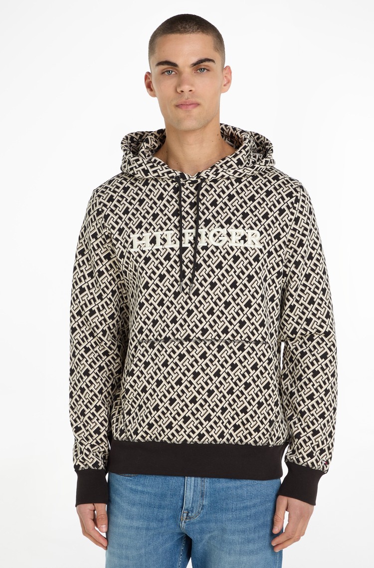 TOMMY HILFIGER TH Monogram pulover s kapuco in flisirano notranjostjo Bež - Beige/Black 