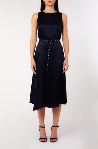 Midi satenasta obleka s pasom