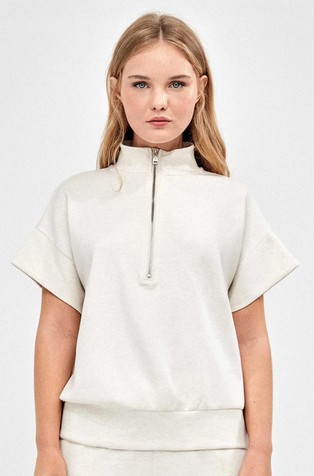 Viscose-blend short-sleeved sweater with half-zip