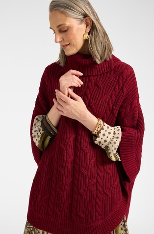 High-neck cape with braided design in pure wool