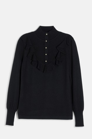 Half-placket wool pullover with flounces