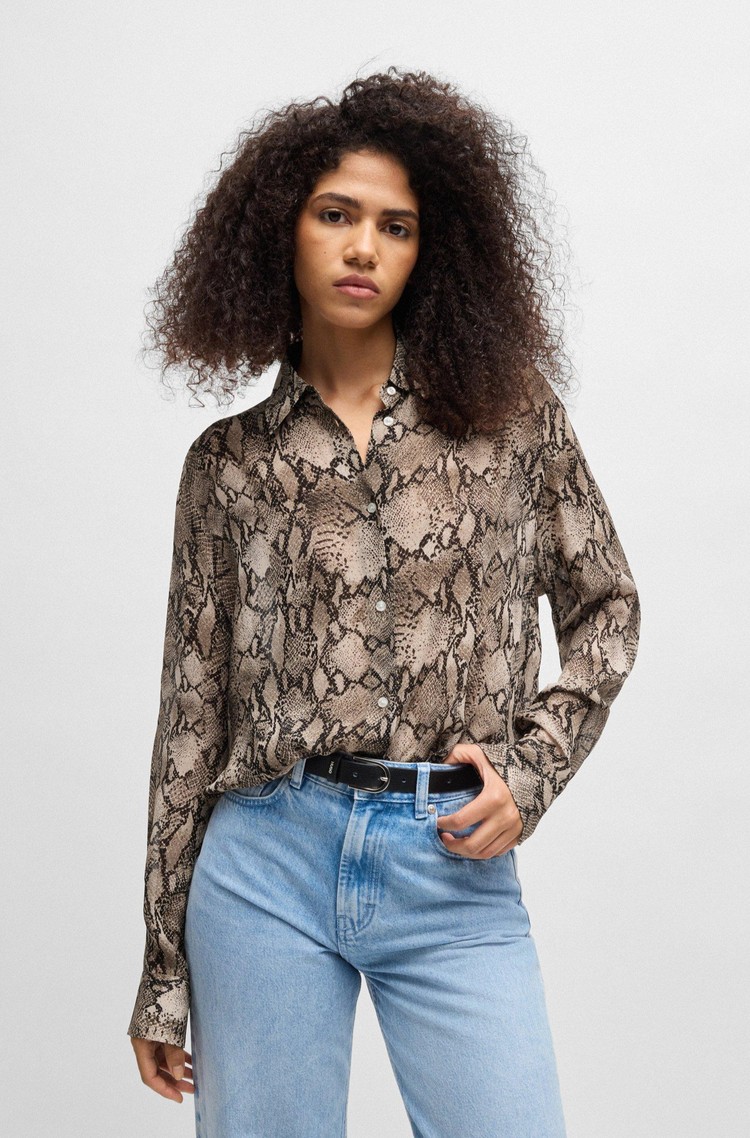 HUGO BOSS Oversized-fit blouse in snake-print viscose crepe Brown Patterned 