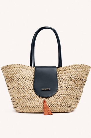 Straw-look bag with faux-leather trims