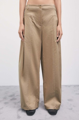 Pleated wide-leg cotton blend trousers