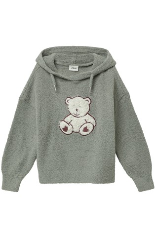 Knitted teddy plush sweater with hood and front appliqué