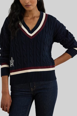 Pleten bombažen pulover s črtastimi detajli