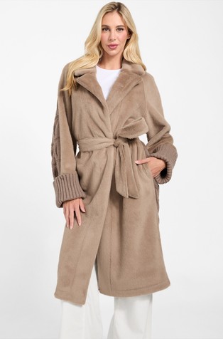 Faux fur coat with belt and knitted back