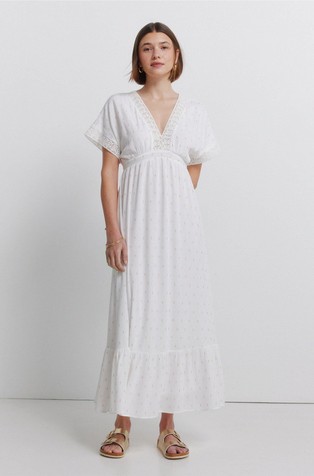 Midi obleka s kvačkanimi detajli in naborkom