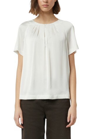 Satenasta bluza s kratkimi rokavi in nabranim ovratnikom