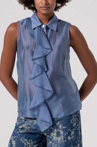 Sleeveless shirt with flounce