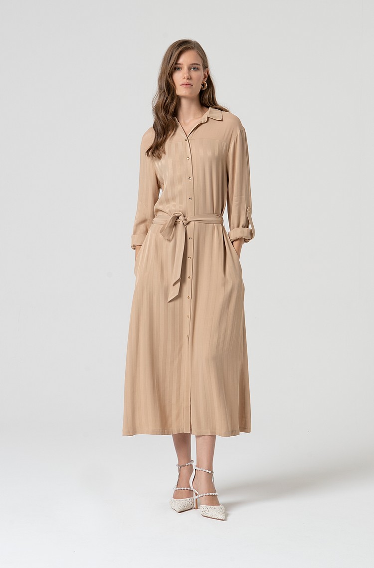 FRACOMINA Striped shirt dress in shiny viscose Beige 