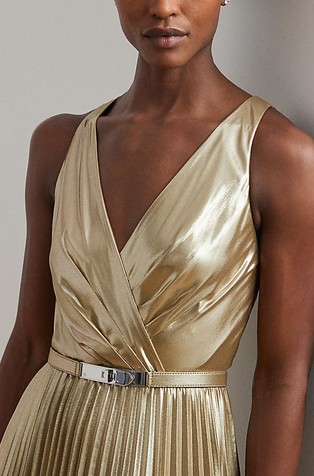RALPH LAUREN Belted Metallic Chiffon Surplice Gown Tan/Lt Gold Foil 4