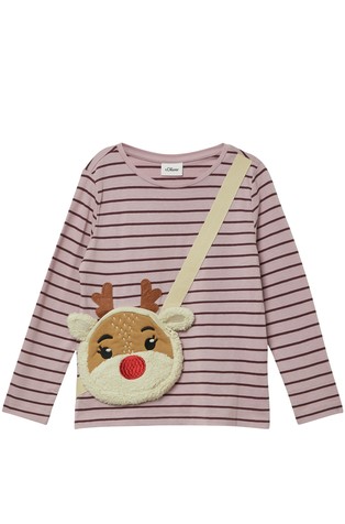 Črtasta majica z božično aplikacijo in žepom z zadrgo