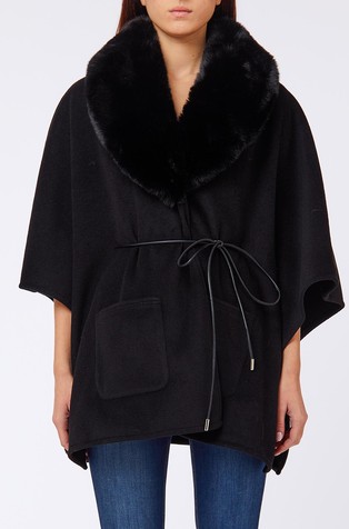 Synthetic fur collar poncho