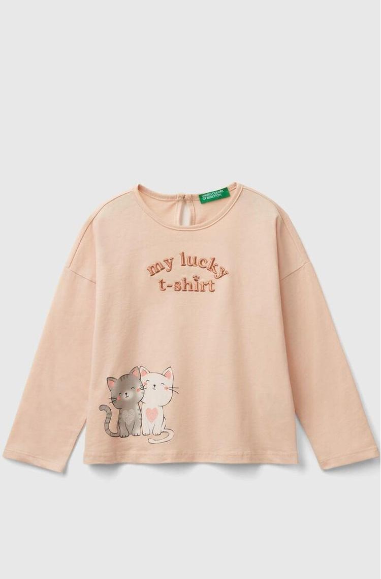 BENETTON Long sleeved cotton T-shirt with kitten print Soft Pink 