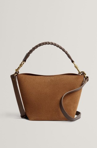 Manjša tote torbica iz semiša s prepletenim ročajem