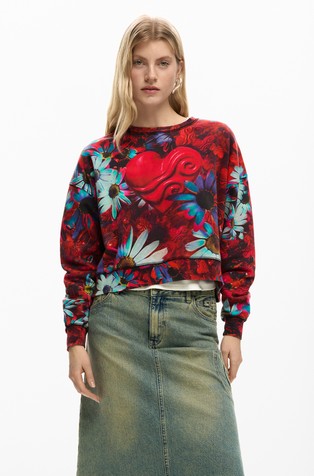 Bombažen pulover s potiskom cvetja in src