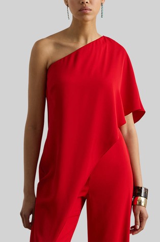 Cape georgette one-shoulder jumpsuit