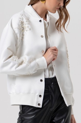 Oversized fit bomber jakna s perlami in okrasnimi kamenčki