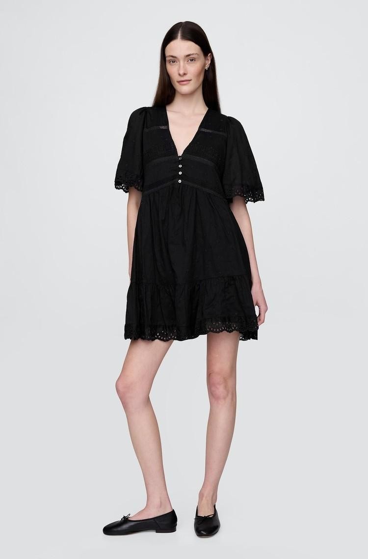 GAP Ženska mini obleka s plapolajočimi rokavi in vezeninami Črna - True Black 