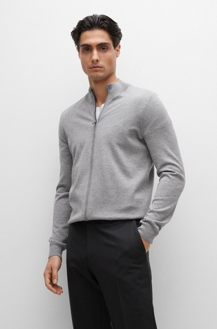 Zip-up cardigan in virgin wool with embroidered logo