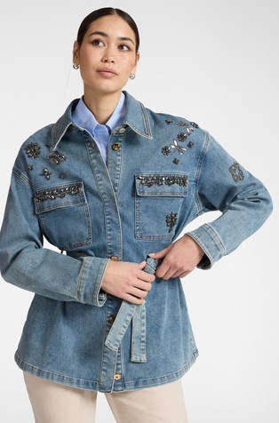 Long denim overshirt with rhinestones and beads