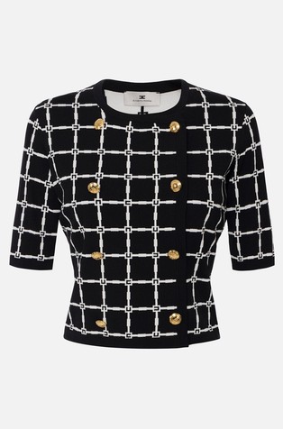 ELISABETTA FRANCHI Pletena jopa z žakarskim logo vzorcem Črna - Black / Butter 5