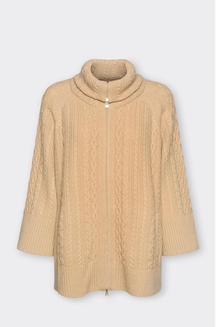 High-neck wool cardigan with cable knit