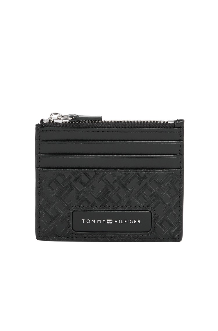 TOMMY HILFIGER TH Monogram usnjena denarnica za kartice Črna - Black 