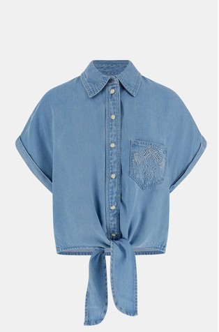 Short sleeved denim shirt with bow