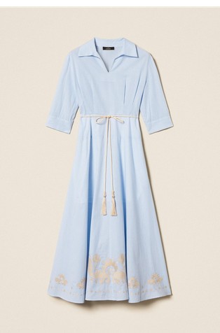 Črtasta midi srajčna obleka z vezenino