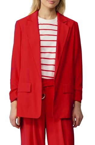 Long viscose blend blazer with gathered detail on the sleeves