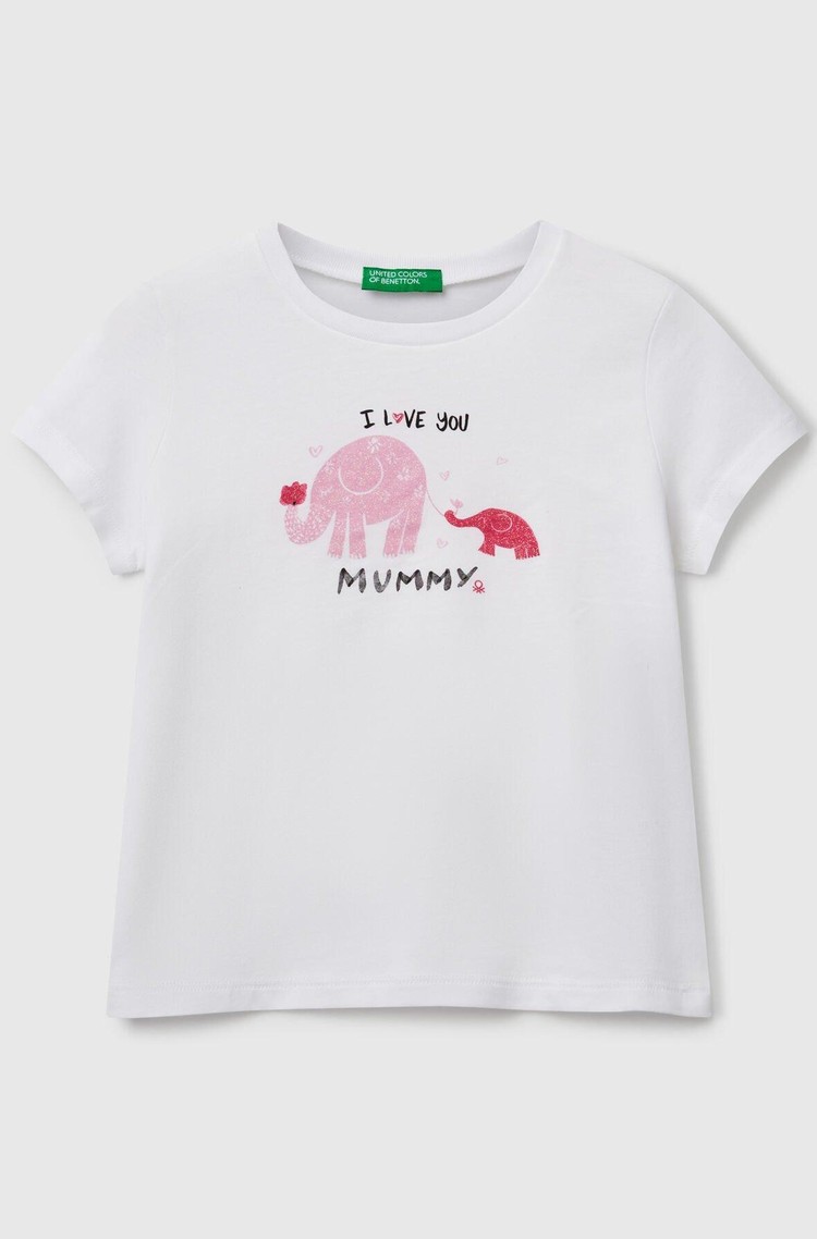 BENETTON Regular fit majica z bleščečim potiskom Bela - White 