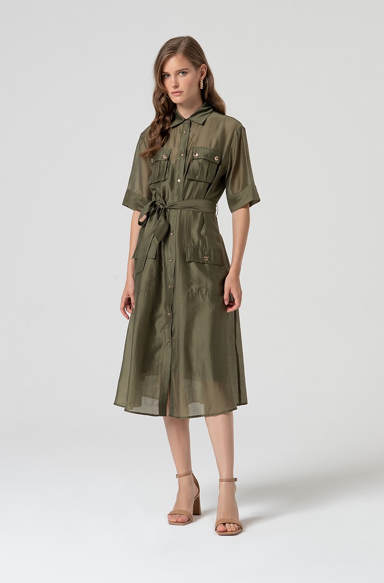 FRACOMINA Chemisier midi dress in sheer shiny fabric Green 