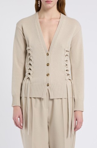 Monochrome fitted wool cardigan with interlaced ribbon