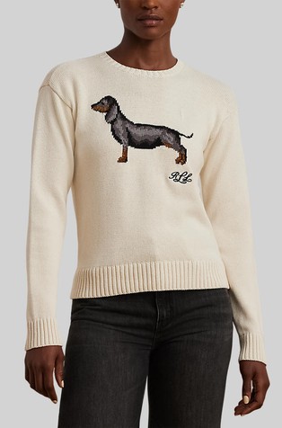 Pleten bombažen pulover z intarzijskim motivom jazbečarja