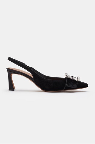 Velvet slingbacks with bejeweled buckle