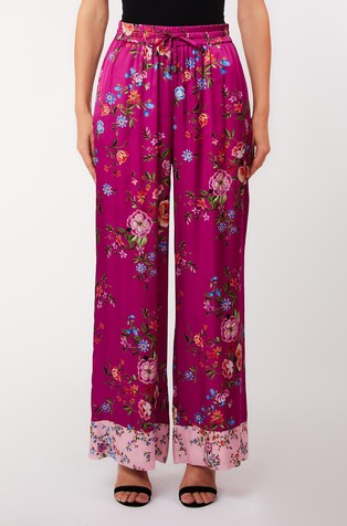 Floral satin trousers with elasticated waistband