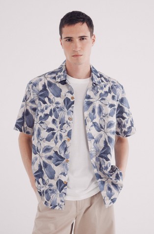 Short sleeve printed linen blend shirt