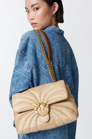 PINKO Love Bag Puff Quilted Raffia Shoulder Bag Beige / Gold 5