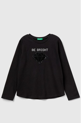 BENETTON Bombažna majica z dolgimi rokavi in bleščicami Črna - Black 2