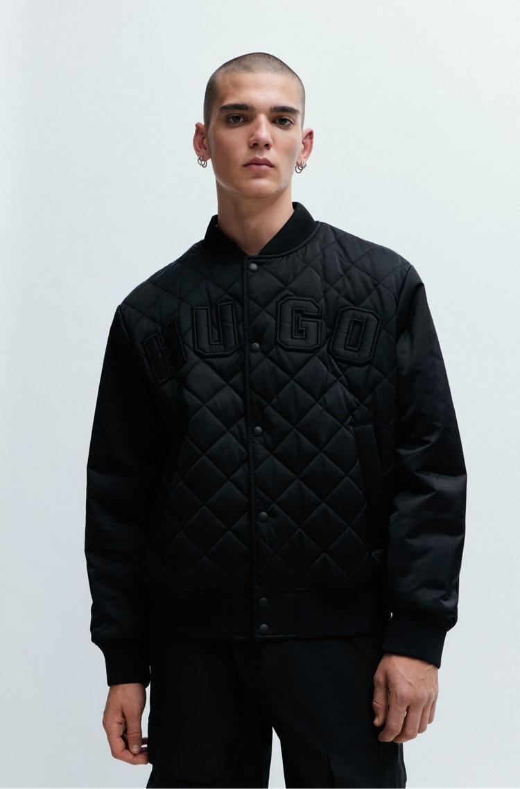 HUGO BOSS Water-repellent satin bomber jacket with varsity-style logo Black 