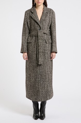 Herringbone long coat with belt
