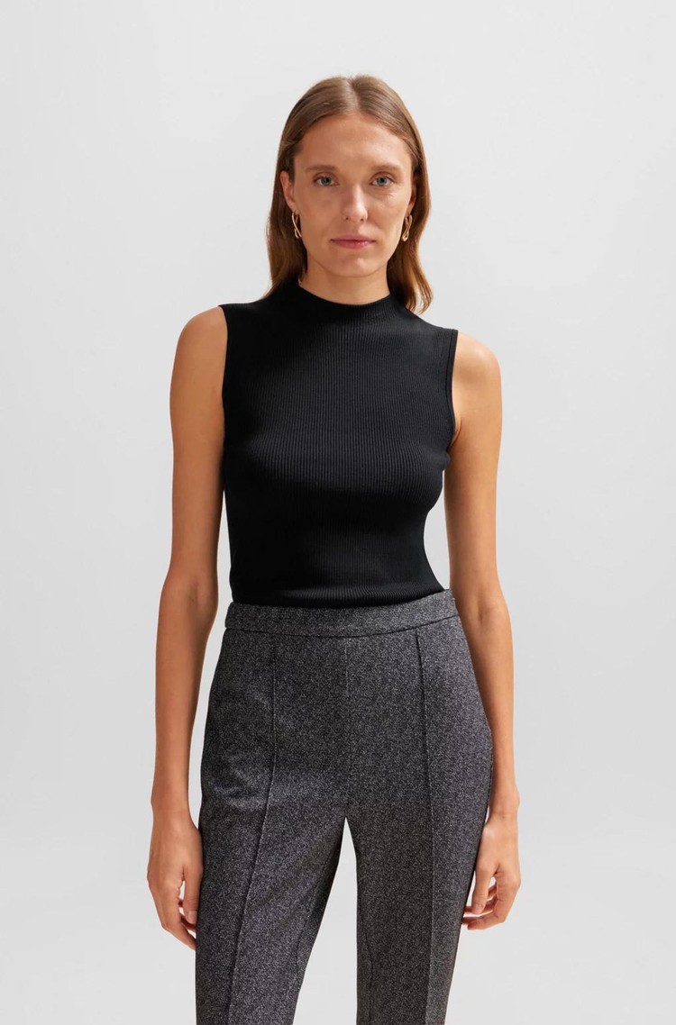 HUGO BOSS Ribbed top with mock neckline Black 