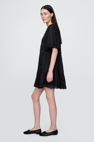 GAP Ženska mini obleka s plapolajočimi rokavi in vezeninami Črna - True Black 3