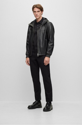 HUGO BOSS Relaxed fit usnjena jakna s kapuco in vzorcem monogramov Črna - Black 4