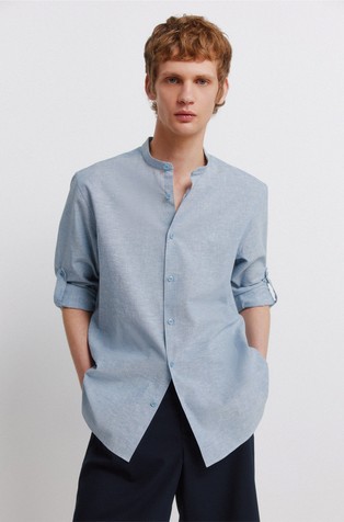 Cotton and linen mandarin collar shirt