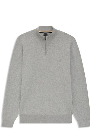 Pleten bombažen pulover z delno zadrgo in vezenim logotipom