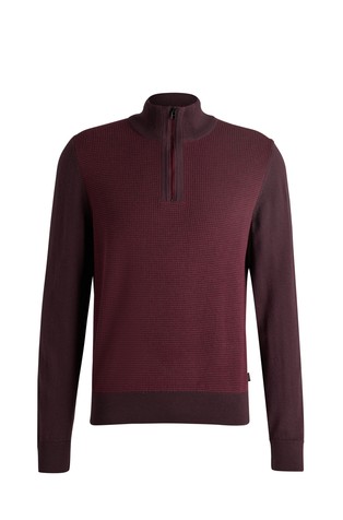 Virgin-wool zip-neck sweater with mixed structures
