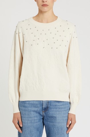 Cotton-blend knit sweater with rhinestones